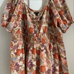 torrid Cream Floral Smocked Waist Puff Sleeve Tunic Dress with Tie Neck